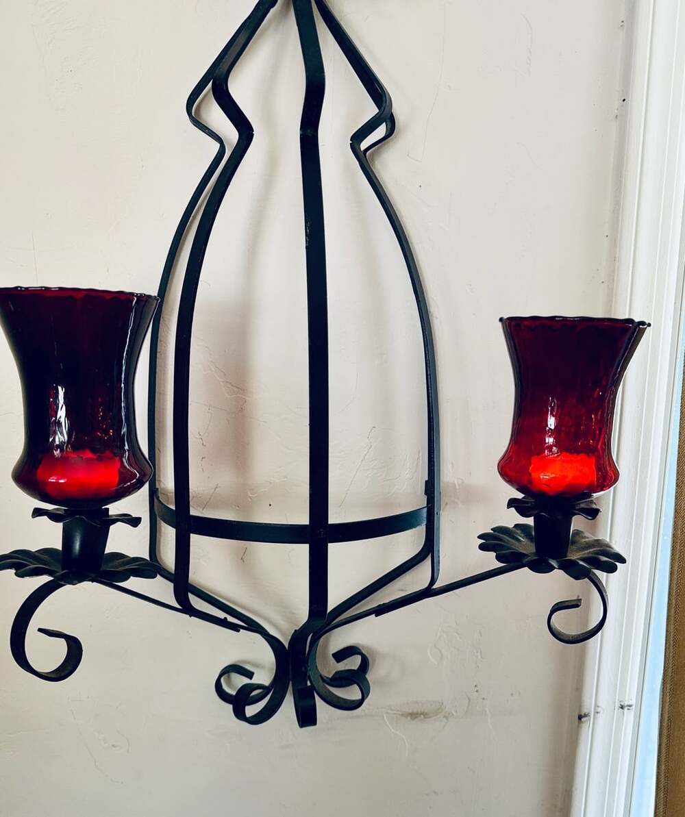 Vintage Wrought Iron Dual Candle Wall Sconce with Red Glass Votive Holders